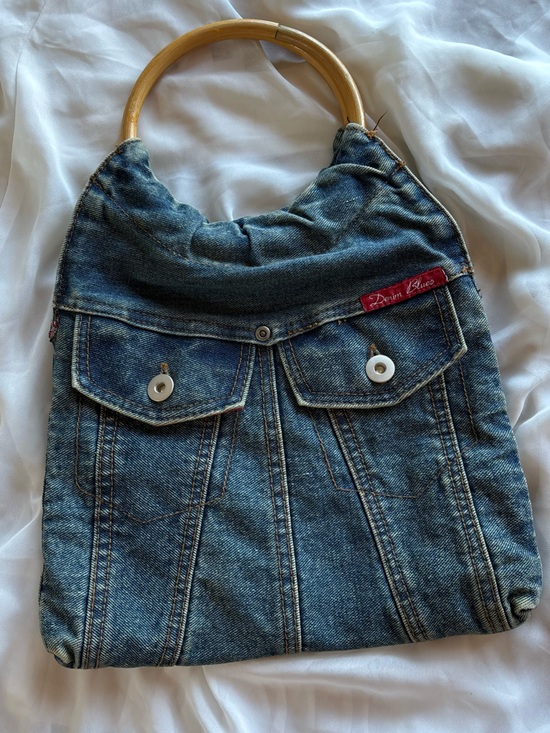 Vintage Handbags - Vintage Y2K Denim Blues Upcycled Repurposed Skirt Small Hand Purse Bamboo Handle